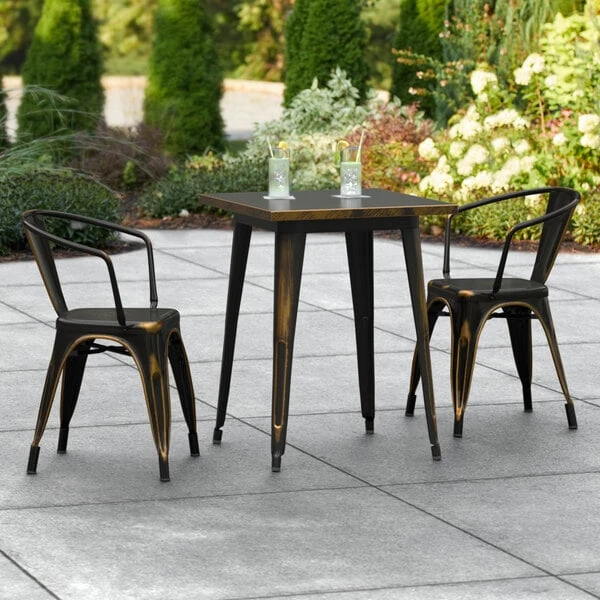 LT&S Alloy Series Lancaster Table & Seating Alloy Series 24" X 24" Distressed Copper Dining Height Outdoor Table With 2 Arm Chairs 1 LT&S Alloy Series Lancaster Table & Seating Alloy Series 24" X 24" Distressed Copper Dining Height Outdoor Table With 2 Arm Chairs