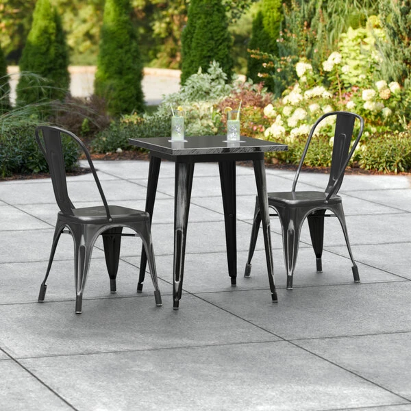 LT&S Alloy Series Lancaster Table & Seating Alloy Series 24" X 24" Square Distressed Black Dining Height Outdoor Table With 2 Industrial Cafe Chairs 1 LT&S Alloy Series Lancaster Table & Seating Alloy Series 24" X 24" Square Distressed Black Dining Height Outdoor Table With 2 Industrial Cafe Chairs