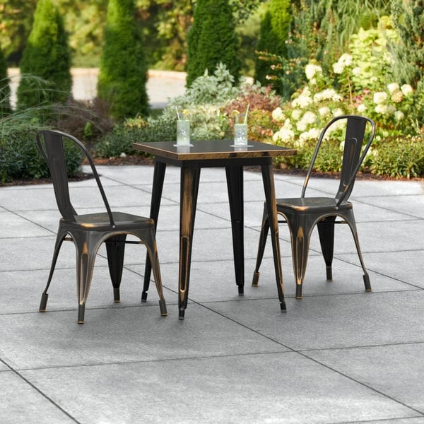 LT&S Alloy Series Lancaster Table & Seating Alloy Series 24" X 24" Square Distressed Copper Dining Height Outdoor Table With 2 Industrial Cafe Chairs 1 LT&S Alloy Series Lancaster Table & Seating Alloy Series 24" X 24" Square Distressed Copper Dining Height Outdoor Table With 2 Industrial Cafe Chairs