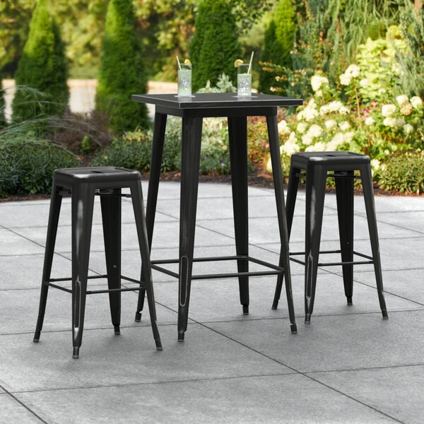 LT&S Alloy Series Lancaster Table & Seating Alloy Series 24" X 24" Distressed Black Outdoor Bar Height Table With Two Barstools 1 LT&S Alloy Series Lancaster Table & Seating Alloy Series 24" X 24" Distressed Black Outdoor Bar Height Table With Two Barstools