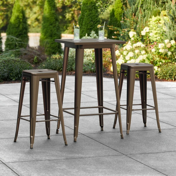 LT&S Alloy Series Lancaster Table & Seating Alloy Series 24" X 24" Copper Outdoor Bar Height Table With Two Barstools 1 LT&S Alloy Series Lancaster Table & Seating Alloy Series 24" X 24" Copper Outdoor Bar Height Table With Two Barstools