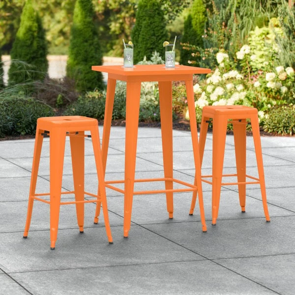 LT&S Alloy Series Lancaster Table & Seating Alloy Series 24" X 24" Orange Outdoor Bar Height Table With Two Barstools 1 LT&S Alloy Series Lancaster Table & Seating Alloy Series 24" X 24" Orange Outdoor Bar Height Table With Two Barstools