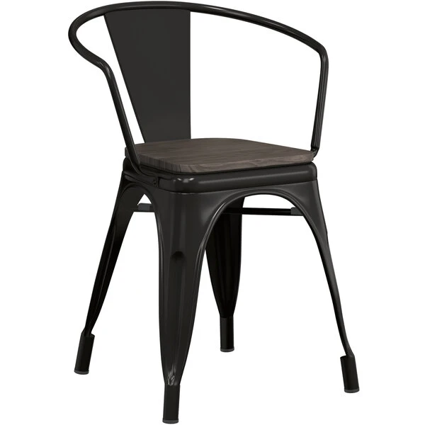 LT&S Alloy Series Lancaster Table & Seating Alloy Series Black Metal Indoor Industrial Cafe Arm Chair With Black Wooden Seat 2 LT&S Alloy Series Lancaster Table & Seating Alloy Series Black Metal Indoor Industrial Cafe Arm Chair With Black Wooden Seat - Image 2