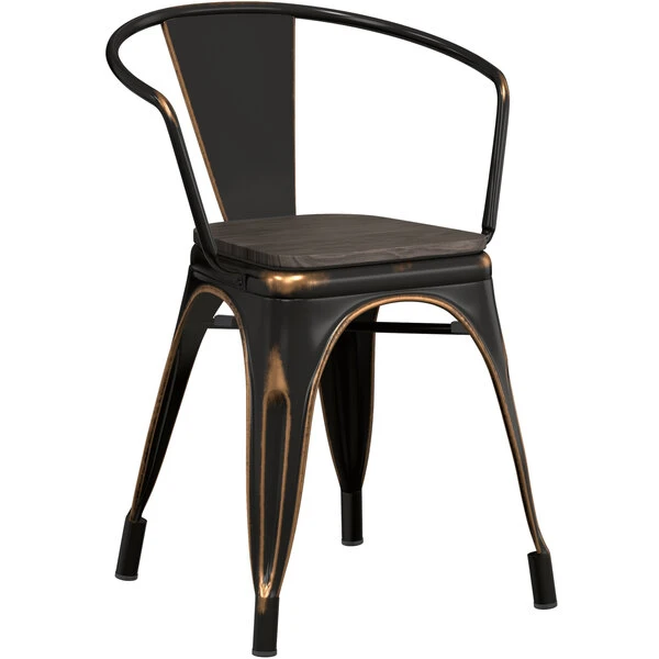 LT&S Alloy Series Lancaster Table & Seating Alloy Series Distressed Copper Metal Indoor Industrial Cafe Arm Chair With Black Wooden Seat 2 LT&S Alloy Series Lancaster Table & Seating Alloy Series Distressed Copper Metal Indoor Industrial Cafe Arm Chair With Black Wooden Seat - Image 2