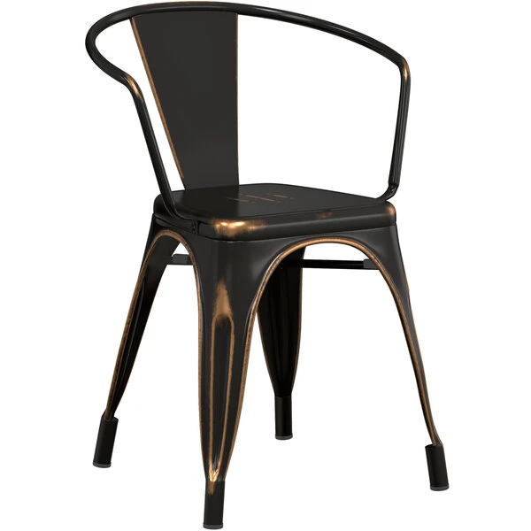 LT&S Alloy Series Lancaster Table & Seating Alloy Series Distressed Copper Metal Indoor Industrial Cafe Arm Chair With Black Wooden Seat 4 LT&S Alloy Series Lancaster Table & Seating Alloy Series Distressed Copper Metal Indoor Industrial Cafe Arm Chair With Black Wooden Seat - Image 4