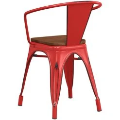 LT&S Alloy Series Lancaster Table & Seating Alloy Series Distressed Red Metal Industrial Cafe Arm Chair With Vertical Slat Back And Walnut Wooden Seat -Zown Shop 2428628