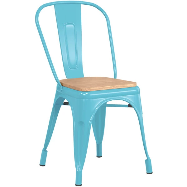 LT&S Alloy Series Lancaster Table & Seating Alloy Series Arctic Blue Metal Indoor Industrial Cafe Chair With Vertical Slat Back And Natural Wood Seat 2 LT&S Alloy Series Lancaster Table & Seating Alloy Series Arctic Blue Metal Indoor Industrial Cafe Chair With Vertical Slat Back And Natural Wood Seat - Image 2