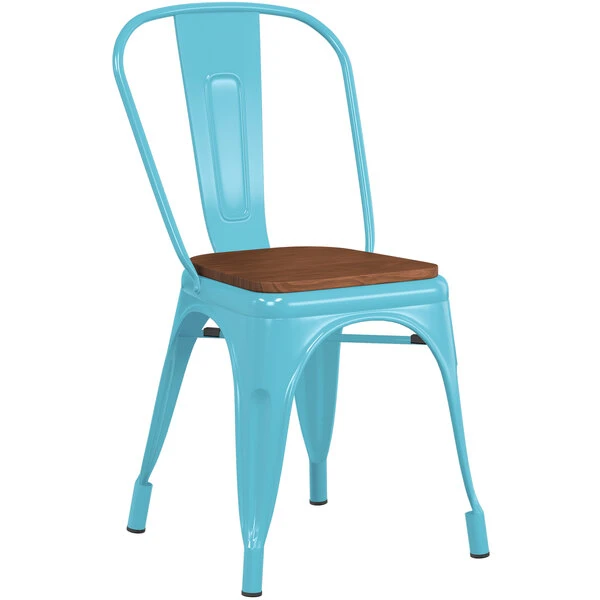 LT&S Alloy Series Lancaster Table & Seating Alloy Series Arctic Blue Metal Indoor Industrial Cafe Chair With Vertical Slat Back And Walnut Wood Seat 2 LT&S Alloy Series Lancaster Table & Seating Alloy Series Arctic Blue Metal Indoor Industrial Cafe Chair With Vertical Slat Back And Walnut Wood Seat - Image 2