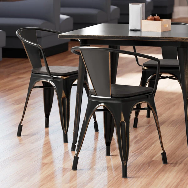 LT&S Alloy Series Lancaster Table & Seating Alloy Series Distressed Copper Metal Indoor Industrial Cafe Arm Chair With Black Wooden Seat 1 LT&S Alloy Series Lancaster Table & Seating Alloy Series Distressed Copper Metal Indoor Industrial Cafe Arm Chair With Black Wooden Seat