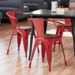 LT&S Alloy Series Lancaster Table & Seating Alloy Series Distressed Red Metal Industrial Cafe Arm Chair With Vertical Slat Back And Walnut Wooden Seat