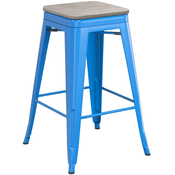 LT&S Alloy Series Lancaster Table & Seating Alloy Series Blue Metal Indoor Industrial Cafe Counter Height Stool With Gray Wood Seat 2 LT&S Alloy Series Lancaster Table & Seating Alloy Series Blue Metal Indoor Industrial Cafe Counter Height Stool With Gray Wood Seat - Image 2