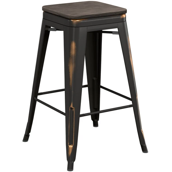LT&S Alloy Series Lancaster Table & Seating Alloy Series Distressed Copper Metal Indoor Industrial Cafe Counter Height Stool With Black Wood Seat 2 LT&S Alloy Series Lancaster Table & Seating Alloy Series Distressed Copper Metal Indoor Industrial Cafe Counter Height Stool With Black Wood Seat - Image 2