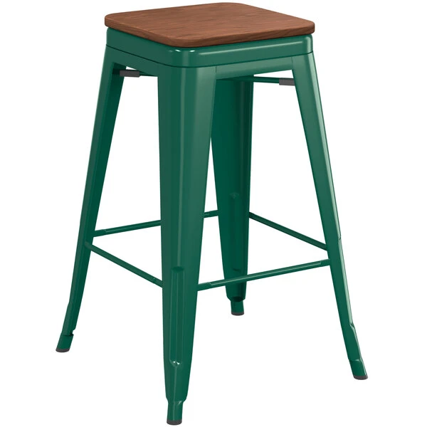 LT&S Alloy Series Lancaster Table & Seating Alloy Series Emerald Metal Indoor Industrial Cafe Counter Height Stool With Walnut Wood Seat 2 LT&S Alloy Series Lancaster Table & Seating Alloy Series Emerald Metal Indoor Industrial Cafe Counter Height Stool With Walnut Wood Seat - Image 2