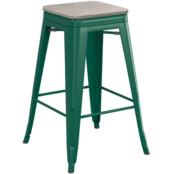 LT&S Alloy Series Lancaster Table & Seating Alloy Series Emerald Metal Indoor Industrial Cafe Counter Height Stool With Gray Wood Seat 2 LT&S Alloy Series Lancaster Table & Seating Alloy Series Emerald Metal Indoor Industrial Cafe Counter Height Stool With Gray Wood Seat - Image 2