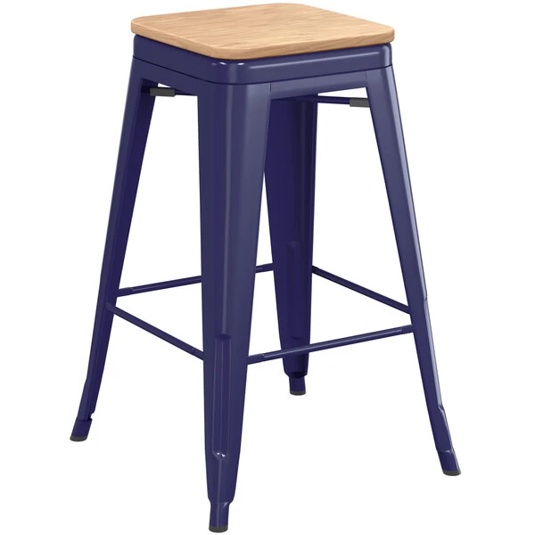 LT&S Alloy Series Lancaster Table & Seating Alloy Series Navy Metal Indoor Industrial Cafe Counter Height Stool With Natural Wood Seat 2 LT&S Alloy Series Lancaster Table & Seating Alloy Series Navy Metal Indoor Industrial Cafe Counter Height Stool With Natural Wood Seat - Image 2