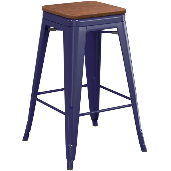 LT&S Alloy Series Lancaster Table & Seating Alloy Series Navy Metal Indoor Industrial Cafe Counter Height Stool With Walnut Wood Seat 2 LT&S Alloy Series Lancaster Table & Seating Alloy Series Navy Metal Indoor Industrial Cafe Counter Height Stool With Walnut Wood Seat - Image 2