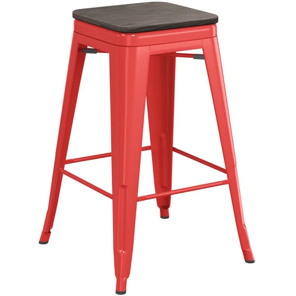 LT&S Alloy Series Lancaster Table & Seating Alloy Series Red Metal Indoor Industrial Cafe Counter Height Stool With Black Wood Seat 2 LT&S Alloy Series Lancaster Table & Seating Alloy Series Red Metal Indoor Industrial Cafe Counter Height Stool With Black Wood Seat - Image 2