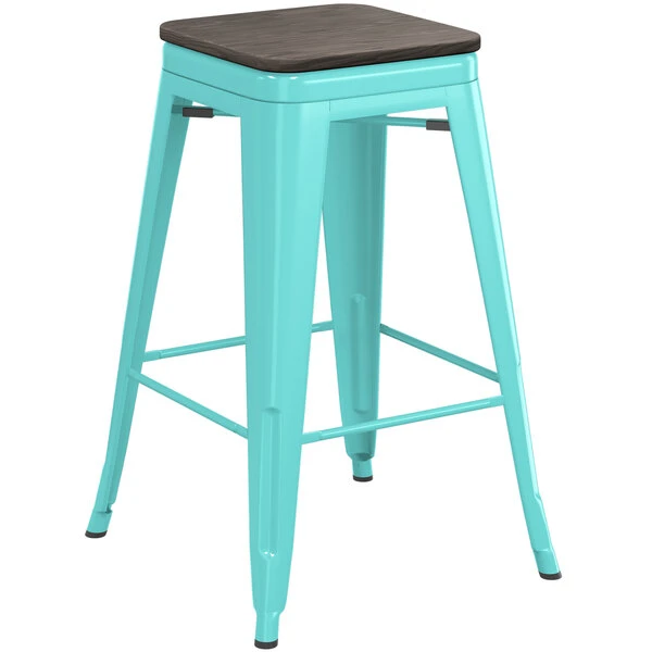 LT&S Alloy Series Lancaster Table & Seating Alloy Series Seafoam Metal Indoor Industrial Cafe Counter Height Stool With Black Wood Seat 2 LT&S Alloy Series Lancaster Table & Seating Alloy Series Seafoam Metal Indoor Industrial Cafe Counter Height Stool With Black Wood Seat - Image 2