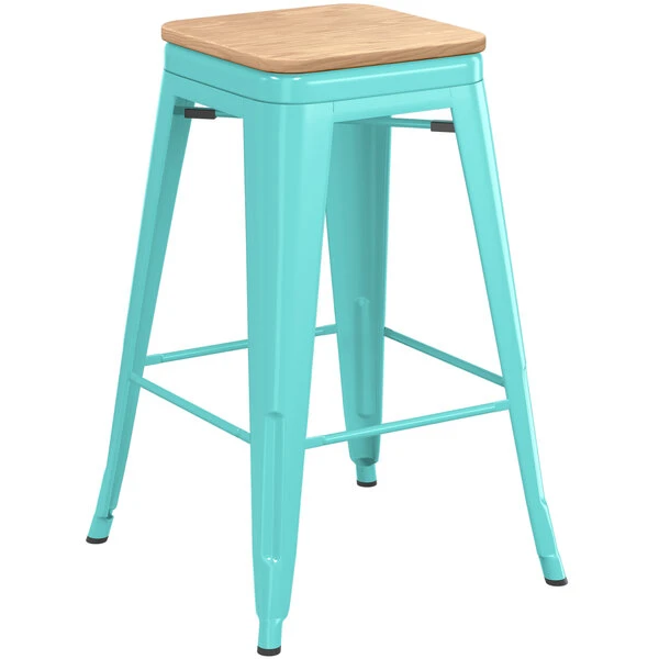 LT&S Alloy Series Lancaster Table & Seating Alloy Series Seafoam Metal Indoor Industrial Cafe Counter Height Stool With Natural Wood Seat 2 LT&S Alloy Series Lancaster Table & Seating Alloy Series Seafoam Metal Indoor Industrial Cafe Counter Height Stool With Natural Wood Seat - Image 2
