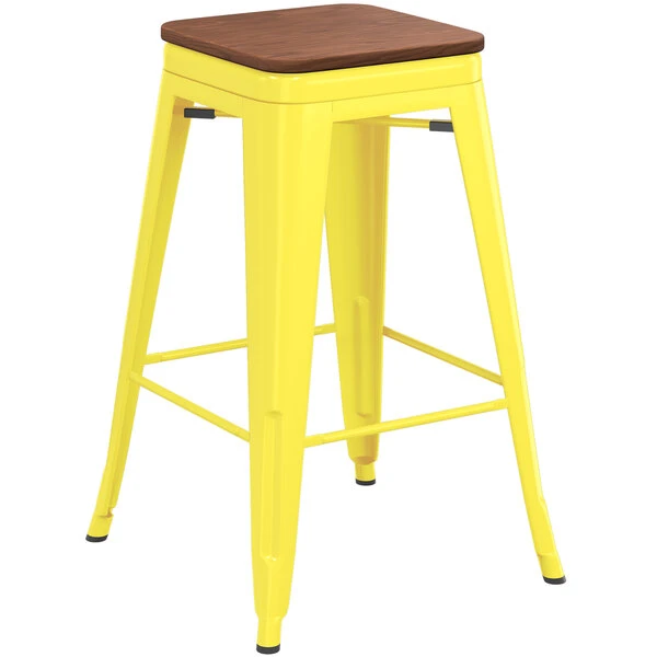 LT&S Alloy Series Lancaster Table & Seating Alloy Series Yellow Metal Indoor Industrial Cafe Counter Height Stool With Walnut Wood Seat 2 LT&S Alloy Series Lancaster Table & Seating Alloy Series Yellow Metal Indoor Industrial Cafe Counter Height Stool With Walnut Wood Seat - Image 2