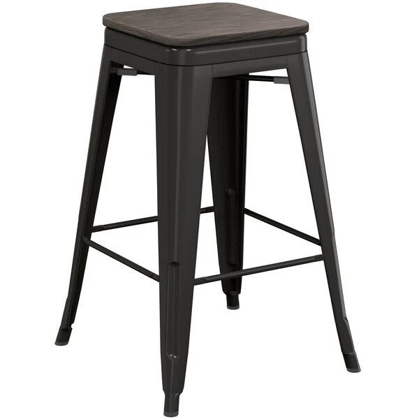 LT&S Alloy Series Lancaster Table & Seating Alloy Series Black Metal Indoor Industrial Cafe Counter Height Stool With Black Wood Seat 2 LT&S Alloy Series Lancaster Table & Seating Alloy Series Black Metal Indoor Industrial Cafe Counter Height Stool With Black Wood Seat - Image 2