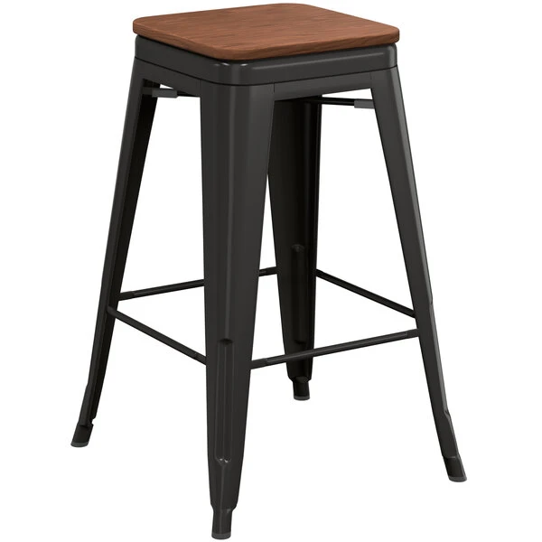 LT&S Alloy Series Lancaster Table & Seating Alloy Series Black Metal Indoor Industrial Cafe Counter Height Stool With Walnut Wood Seat 2 LT&S Alloy Series Lancaster Table & Seating Alloy Series Black Metal Indoor Industrial Cafe Counter Height Stool With Walnut Wood Seat - Image 2
