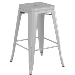 LT&S Alloy Series Lancaster Table & Seating Alloy Series Silver Metal Indoor Industrial Cafe Counter Height Stool With Gray Wood Seat -Zown Shop 2431598