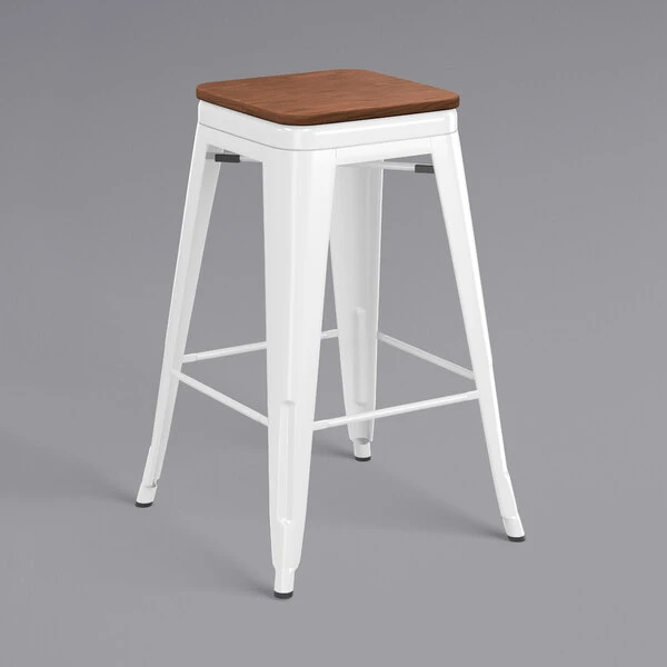 LT&S Alloy Series Lancaster Table & Seating Alloy Series White Metal Indoor Industrial Cafe Counter Height Stool With Walnut Wood Seat 2 LT&S Alloy Series Lancaster Table & Seating Alloy Series White Metal Indoor Industrial Cafe Counter Height Stool With Walnut Wood Seat - Image 2