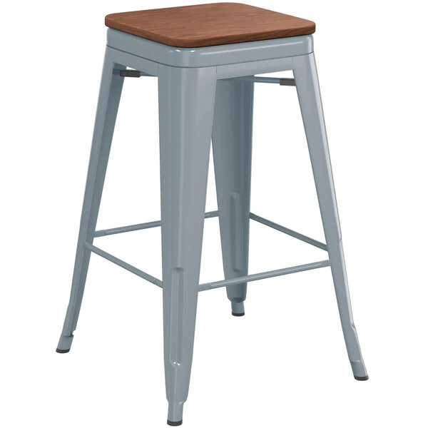 LT&S Alloy Series Lancaster Table & Seating Alloy Series Charcoal Metal Indoor Industrial Cafe Counter Height Stool With Walnut Wood Seat 2 LT&S Alloy Series Lancaster Table & Seating Alloy Series Charcoal Metal Indoor Industrial Cafe Counter Height Stool With Walnut Wood Seat - Image 2