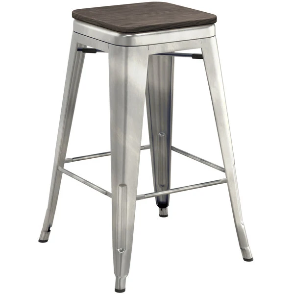 LT&S Alloy Series Lancaster Table & Seating Alloy Series Clear Coated Metal Indoor Industrial Cafe Counter Height Stool With Black Wood Seat 2 LT&S Alloy Series Lancaster Table & Seating Alloy Series Clear Coated Metal Indoor Industrial Cafe Counter Height Stool With Black Wood Seat - Image 2