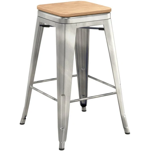 LT&S Alloy Series Lancaster Table & Seating Alloy Series Clear Coated Metal Indoor Industrial Cafe Counter Height Stool With Natural Wood Seat 2 LT&S Alloy Series Lancaster Table & Seating Alloy Series Clear Coated Metal Indoor Industrial Cafe Counter Height Stool With Natural Wood Seat - Image 2
