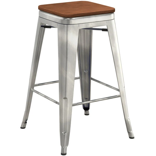 LT&S Alloy Series Lancaster Table & Seating Alloy Series Clear Coated Metal Indoor Industrial Cafe Counter Height Stool With Walnut Wood Seat 2 LT&S Alloy Series Lancaster Table & Seating Alloy Series Clear Coated Metal Indoor Industrial Cafe Counter Height Stool With Walnut Wood Seat - Image 2