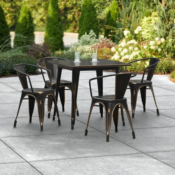 LT&S Alloy Series Lancaster Table & Seating Alloy Series 32" X 32" Distressed Copper Dining Height Outdoor Table With 4 Arm Chairs 1 LT&S Alloy Series Lancaster Table & Seating Alloy Series 32" X 32" Distressed Copper Dining Height Outdoor Table With 4 Arm Chairs