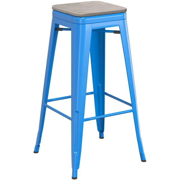 LT&S Alloy Series Lancaster Table & Seating Alloy Series Blue Stackable Metal Indoor Industrial Barstool With Gray Wood Seat 2 LT&S Alloy Series Lancaster Table & Seating Alloy Series Blue Stackable Metal Indoor Industrial Barstool With Gray Wood Seat - Image 2