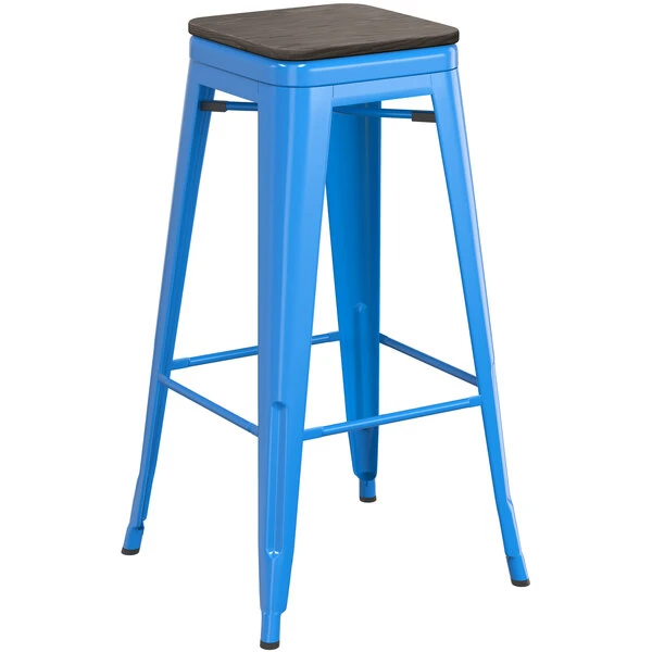 LT&S Alloy Series Lancaster Table & Seating Alloy Series Blue Metal Indoor Industrial Cafe Bar Height Stool With Black Wood Seat 2 LT&S Alloy Series Lancaster Table & Seating Alloy Series Blue Metal Indoor Industrial Cafe Bar Height Stool With Black Wood Seat - Image 2