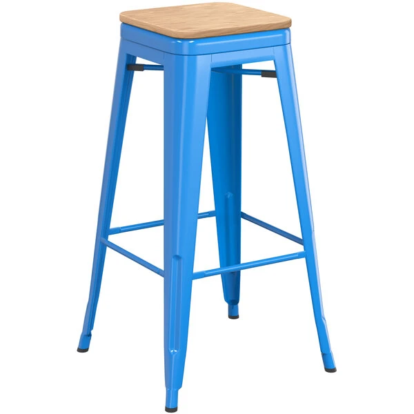 LT&S Alloy Series Lancaster Table & Seating Alloy Series Blue Metal Indoor Industrial Cafe Bar Height Stool With Natural Wood Seat 2 LT&S Alloy Series Lancaster Table & Seating Alloy Series Blue Metal Indoor Industrial Cafe Bar Height Stool With Natural Wood Seat - Image 2