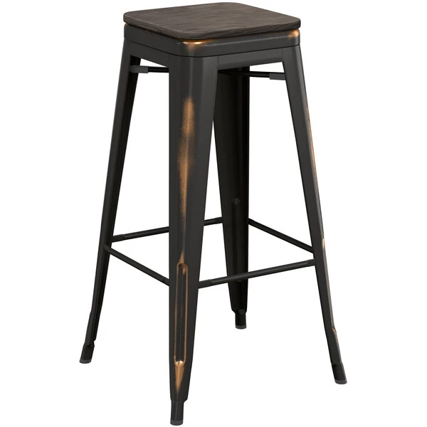 LT&S Alloy Series Lancaster Table & Seating Alloy Series Distressed Copper Metal Indoor Industrial Cafe Bar Height Stool With Black Wood Seat 2 LT&S Alloy Series Lancaster Table & Seating Alloy Series Distressed Copper Metal Indoor Industrial Cafe Bar Height Stool With Black Wood Seat - Image 2