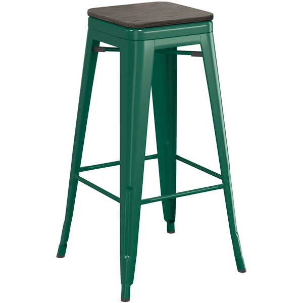 LT&S Alloy Series Lancaster Table & Seating Alloy Series Emerald Stackable Metal Indoor Industrial Barstool With Black Wood Seat 2 LT&S Alloy Series Lancaster Table & Seating Alloy Series Emerald Stackable Metal Indoor Industrial Barstool With Black Wood Seat - Image 2