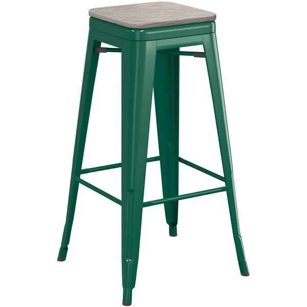 LT&S Alloy Series Lancaster Table & Seating Alloy Series Emerald Stackable Metal Indoor Industrial Barstool With Gray Wood Seat 2 LT&S Alloy Series Lancaster Table & Seating Alloy Series Emerald Stackable Metal Indoor Industrial Barstool With Gray Wood Seat - Image 2