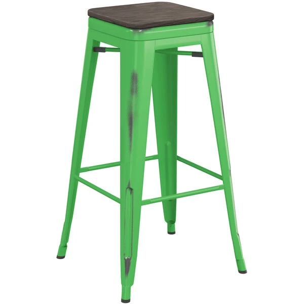 LT&S Alloy Series Lancaster Table & Seating Alloy Series Distressed Green Stackable Metal Indoor Industrial Barstool With Black Wood Seat 2 LT&S Alloy Series Lancaster Table & Seating Alloy Series Distressed Green Stackable Metal Indoor Industrial Barstool With Black Wood Seat - Image 2