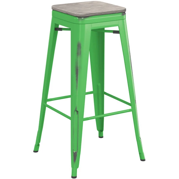 LT&S Alloy Series Lancaster Table & Seating Alloy Series Distressed Green Stackable Metal Indoor Industrial Barstool With Gray Wood Seat 2 LT&S Alloy Series Lancaster Table & Seating Alloy Series Distressed Green Stackable Metal Indoor Industrial Barstool With Gray Wood Seat - Image 2