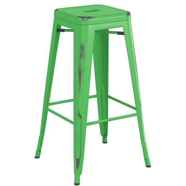 LT&S Alloy Series Lancaster Table & Seating Alloy Series Distressed Green Stackable Metal Indoor Industrial Barstool With Gray Wood Seat 3 LT&S Alloy Series Lancaster Table & Seating Alloy Series Distressed Green Stackable Metal Indoor Industrial Barstool With Gray Wood Seat - Image 3