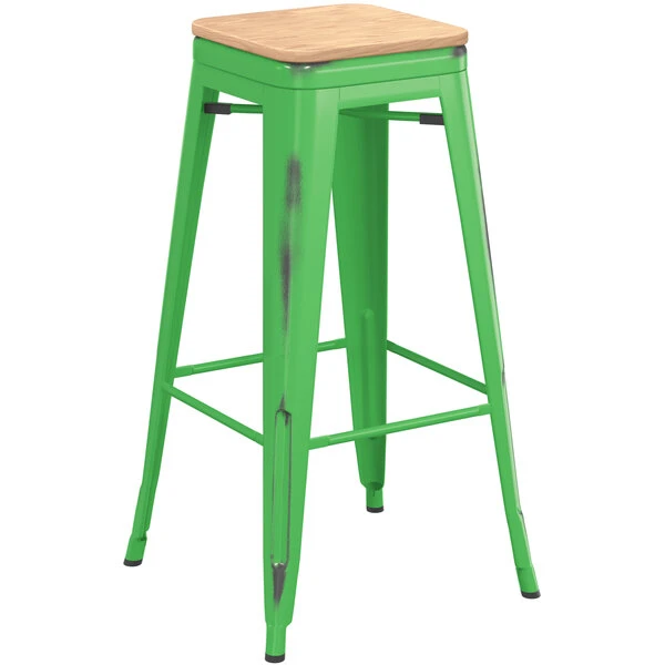 LT&S Alloy Series Lancaster Table & Seating Alloy Series Distressed Green Stackable Metal Indoor Industrial Barstool With Natural Wood Seat 2 LT&S Alloy Series Lancaster Table & Seating Alloy Series Distressed Green Stackable Metal Indoor Industrial Barstool With Natural Wood Seat - Image 2