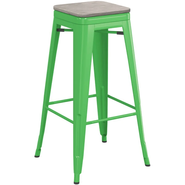 LT&S Alloy Series Lancaster Table & Seating Alloy Series Green Stackable Metal Indoor Industrial Barstool With Gray Wood Seat 2 LT&S Alloy Series Lancaster Table & Seating Alloy Series Green Stackable Metal Indoor Industrial Barstool With Gray Wood Seat - Image 2