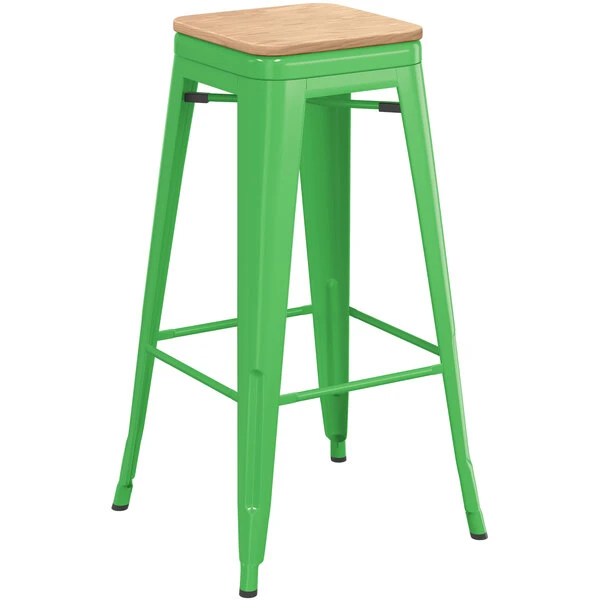 LT&S Alloy Series Lancaster Table & Seating Alloy Series Green Metal Indoor Industrial Cafe Bar Height Stool With Natural Wood Seat 2 LT&S Alloy Series Lancaster Table & Seating Alloy Series Green Metal Indoor Industrial Cafe Bar Height Stool With Natural Wood Seat - Image 2