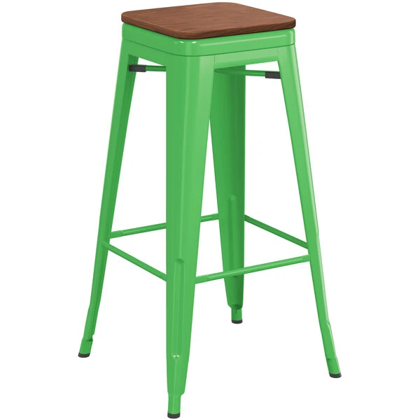 LT&S Alloy Series Lancaster Table & Seating Alloy Series Green Metal Indoor Industrial Cafe Bar Height Stool With Walnut Wood Seat 2 LT&S Alloy Series Lancaster Table & Seating Alloy Series Green Metal Indoor Industrial Cafe Bar Height Stool With Walnut Wood Seat - Image 2