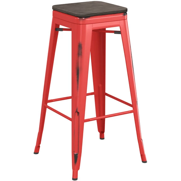 LT&S Alloy Series Lancaster Table & Seating Alloy Series Distressed Red Metal Indoor Industrial Cafe Bar Height Stool With Black Wood Seat 2 LT&S Alloy Series Lancaster Table & Seating Alloy Series Distressed Red Metal Indoor Industrial Cafe Bar Height Stool With Black Wood Seat - Image 2