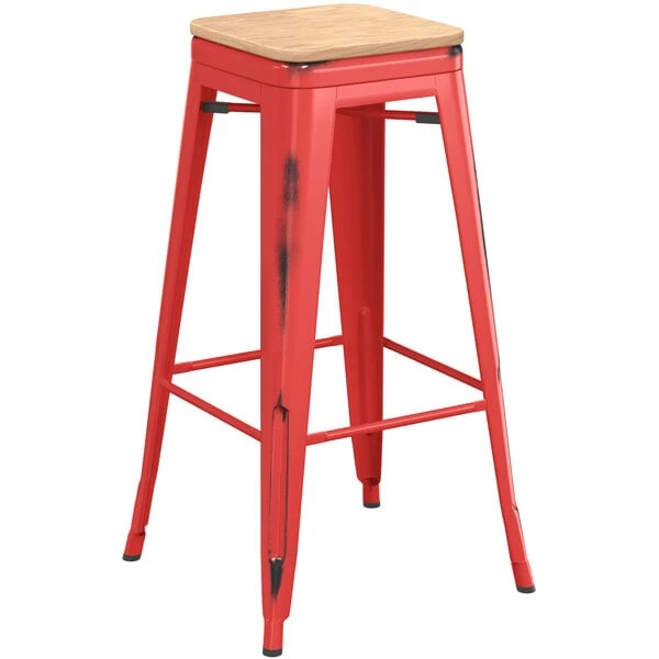 LT&S Alloy Series Lancaster Table & Seating Alloy Series Distressed Red Metal Indoor Industrial Cafe Bar Height Stool With Natural Wood Seat 2 LT&S Alloy Series Lancaster Table & Seating Alloy Series Distressed Red Metal Indoor Industrial Cafe Bar Height Stool With Natural Wood Seat - Image 2