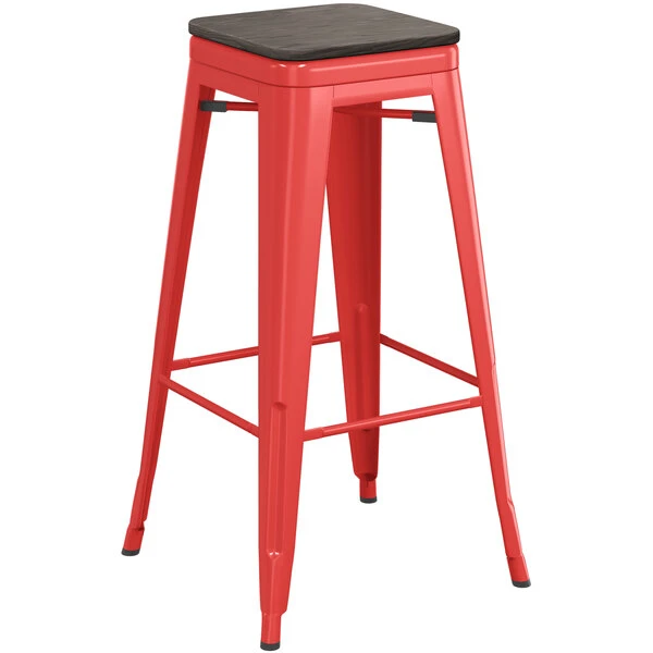LT&S Alloy Series Lancaster Table & Seating Alloy Series Red Metal Indoor Industrial Cafe Bar Height Stool With Black Wood Seat 2 LT&S Alloy Series Lancaster Table & Seating Alloy Series Red Metal Indoor Industrial Cafe Bar Height Stool With Black Wood Seat - Image 2