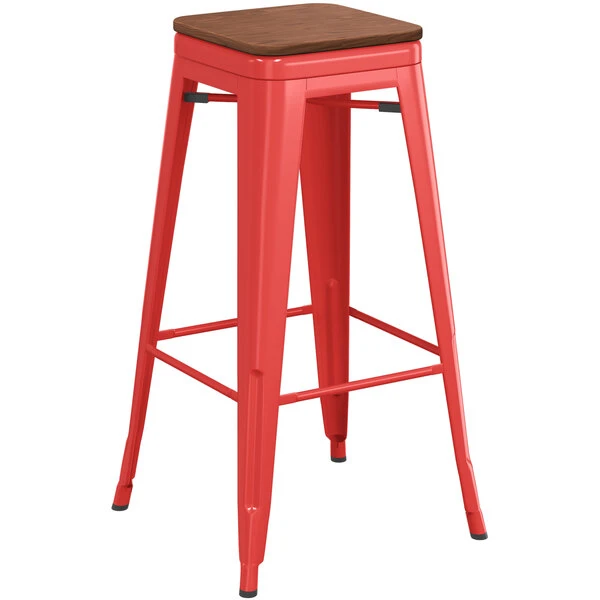 LT&S Alloy Series Lancaster Table & Seating Alloy Series Red Metal Indoor Industrial Cafe Bar Height Stool With Walnut Wood Seat 2 LT&S Alloy Series Lancaster Table & Seating Alloy Series Red Metal Indoor Industrial Cafe Bar Height Stool With Walnut Wood Seat - Image 2